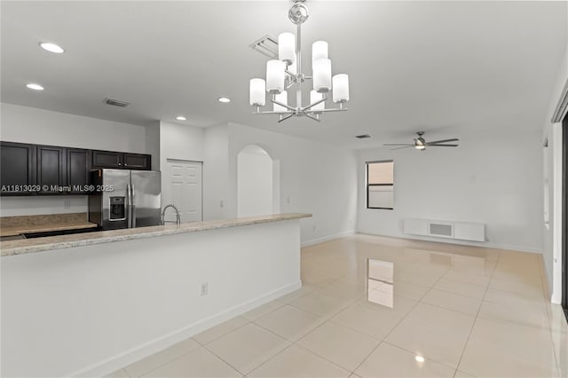 3502 W 86th Ter, Hialeah, FL 33018 - kitchen with stainless steel fridge, baseboards, a sink, recessed lighting, and a ceiling fan