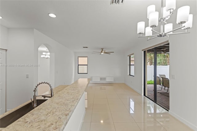 3502 W 86th Ter, Hialeah, FL 33018 - kitchen featuring a chandelier, tile patterned floors, baseboards, a ceiling fan, and recessed lighting