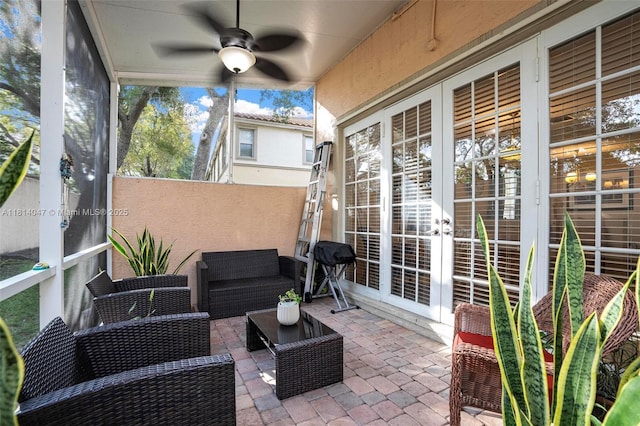 16316 SW 48th St, Miramar, FL 33027 - sunroom / solarium featuring french doors, a ceiling fan, and outdoor lounge area