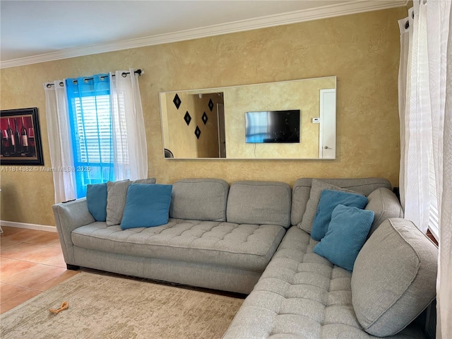 7420 SW 34th Ter, Miami, FL 33155 - tiled living room with a textured wall, crown molding, and baseboards