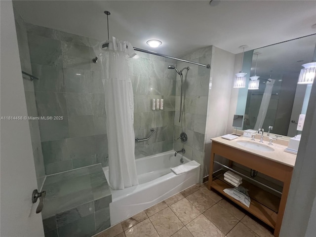 18683 Collins Ave Unit 2510, Sunny Isles Beach, FL 33160 - bathroom with shower / bath combo with shower curtain, tile patterned flooring, and vanity