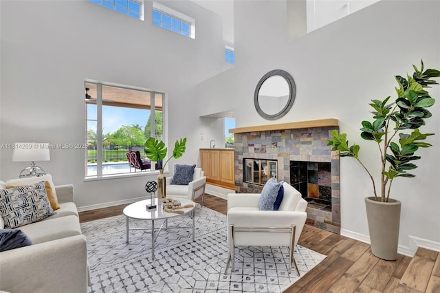 13241 SW 32nd Ct, Davie, FL 33330 - living room featuring wood finished floors, a glass covered fireplace, and a high ceiling