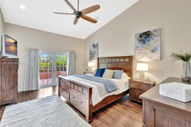 13241 SW 32nd Ct, Davie, FL 33330 - bedroom with access to outside, wood finished floors, french doors, high vaulted ceiling, and ceiling fan