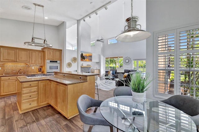 13241 SW 32nd Ct, Davie, FL 33330 - kitchen with a high ceiling, track lighting, open floor plan, gas stovetop, and dark wood-style flooring