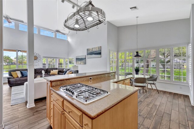 13241 SW 32nd Ct, Davie, FL 33330 - kitchen with stainless steel gas stovetop, a towering ceiling, light wood-type flooring, ceiling fan, and a kitchen island