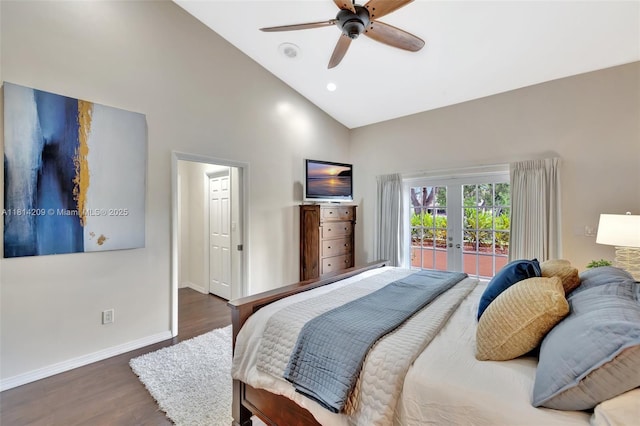 13241 SW 32nd Ct, Davie, FL 33330 - bedroom featuring french doors, access to outside, wood finished floors, high vaulted ceiling, and ceiling fan