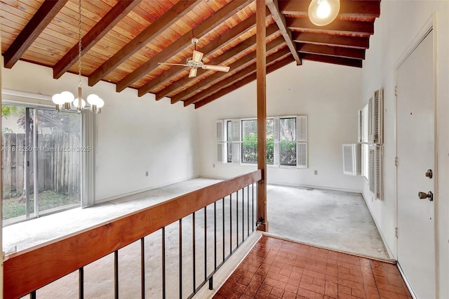 1360 NW 94th Ave, Plantation, FL 33322 - hall with wood ceiling with exposed beams, a chandelier, high vaulted ceiling, carpet floors, and baseboards