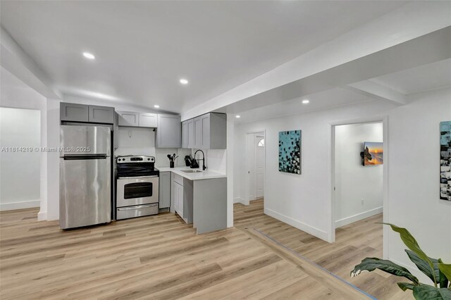920 SW 8th Ct, Miami, FL 33130 - kitchen with stainless steel appliances, gray cabinetry, light countertops, light wood-style flooring, and recessed lighting