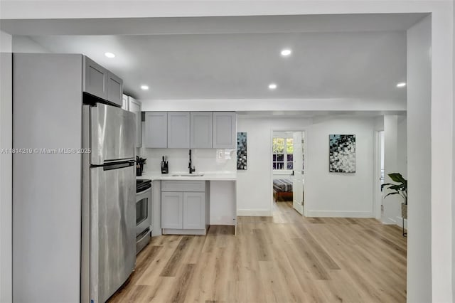 920 SW 8th Ct, Miami, FL 33130 - kitchen with appliances with stainless steel finishes, light countertops, light wood-style floors, recessed lighting, and gray cabinetry
