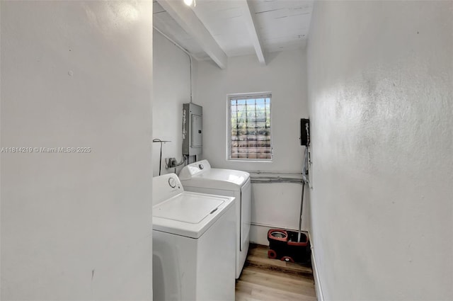 920 SW 8th Ct, Miami, FL 33130 - laundry area with washing machine and clothes dryer, electric panel, and light wood-style flooring
