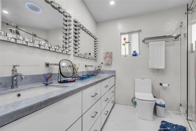 15240 SW 188th St, Miami, FL 33187 - full bathroom featuring a shower stall, double vanity, and tile patterned floors
