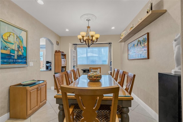 8753 SW 3rd Ln, Miami, FL 33174 - dining area featuring arched walkways, light tile patterned floors, a chandelier, recessed lighting, and baseboards