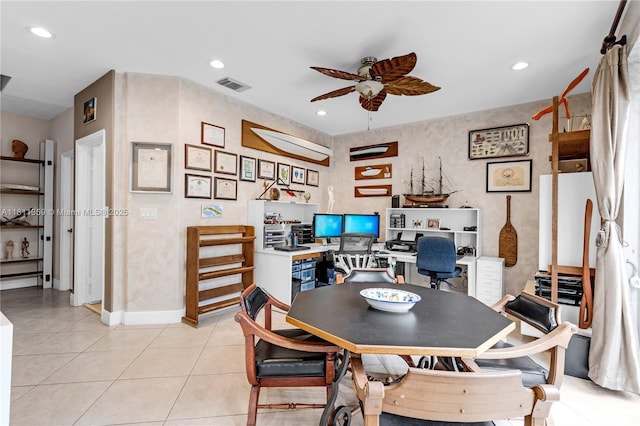 8753 SW 3rd Ln, Miami, FL 33174 - dining space featuring ceiling fan, an office area, recessed lighting, light tile patterned floors, and baseboards