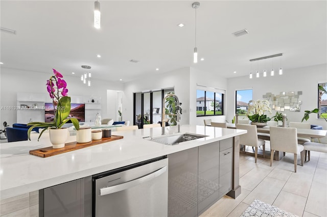 4381 SW 178th Ave, Miramar, FL 33029 - kitchen featuring dishwasher, open floor plan, a sink, gray cabinetry, and recessed lighting