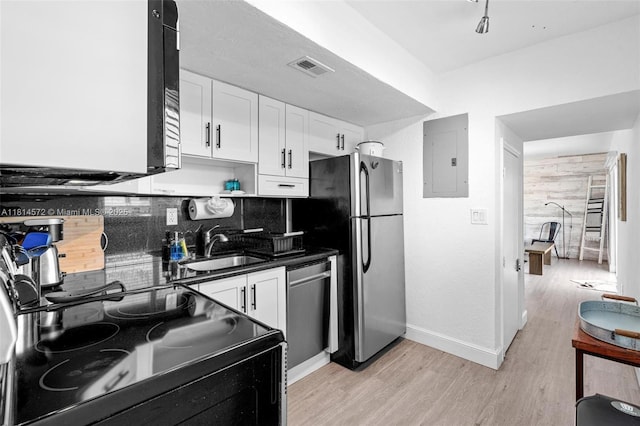1370 NE 40th Dr, Oakland Park, FL 33334 - kitchen with appliances with stainless steel finishes, electric panel, dark countertops, decorative backsplash, and light wood-style floors