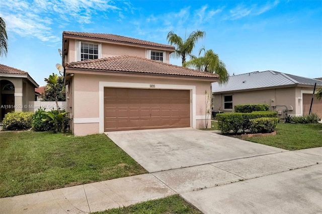 495 SW 183rd Way, Pembroke Pines, FL 33029 - mediterranean / spanish-style home featuring stucco siding, a front yard, an attached garage, and concrete driveway