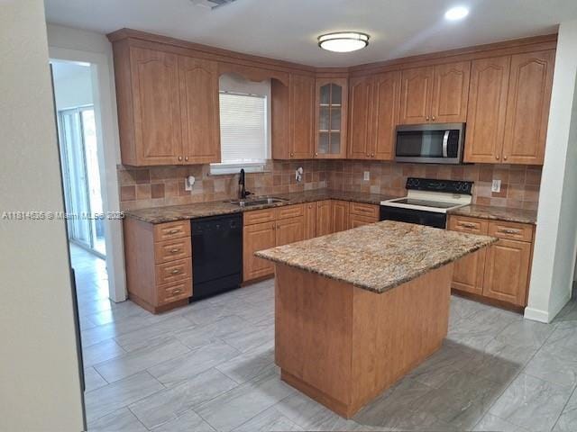3961 Park Ln, Palm Springs, FL 33406 - kitchen featuring stainless steel microwave, dishwasher, white range with electric cooktop, light stone counters, and decorative backsplash