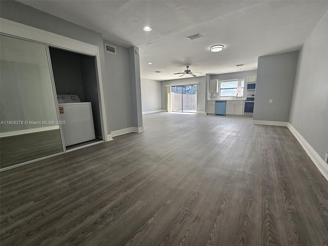 4131 NW 79th Ave Unit 4131, Sunrise, FL 33351 - unfurnished living room with washer / dryer, dark wood-style floors, ceiling fan, baseboards, and recessed lighting