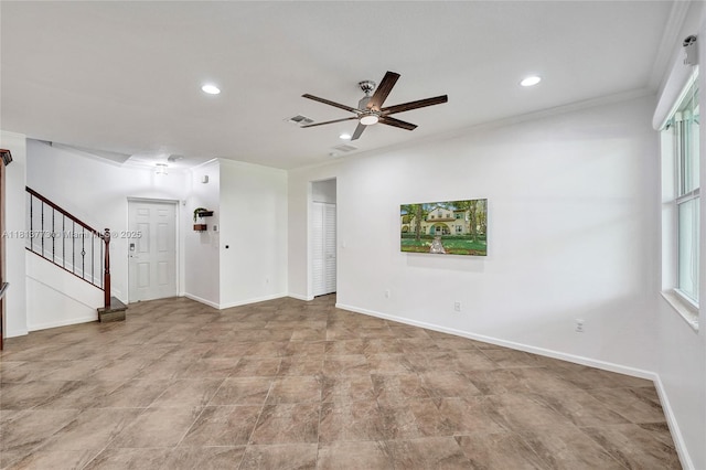 4284 Cascada Cir, Cooper City, FL 33024 - spare room featuring ceiling fan, stairs, recessed lighting, crown molding, and baseboards