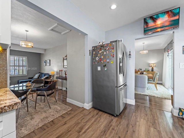9200 SW 178th Ter, Palmetto Bay, FL 33157 - kitchen featuring stainless steel refrigerator with ice dispenser, wood finished floors, baseboards, open floor plan, and recessed lighting