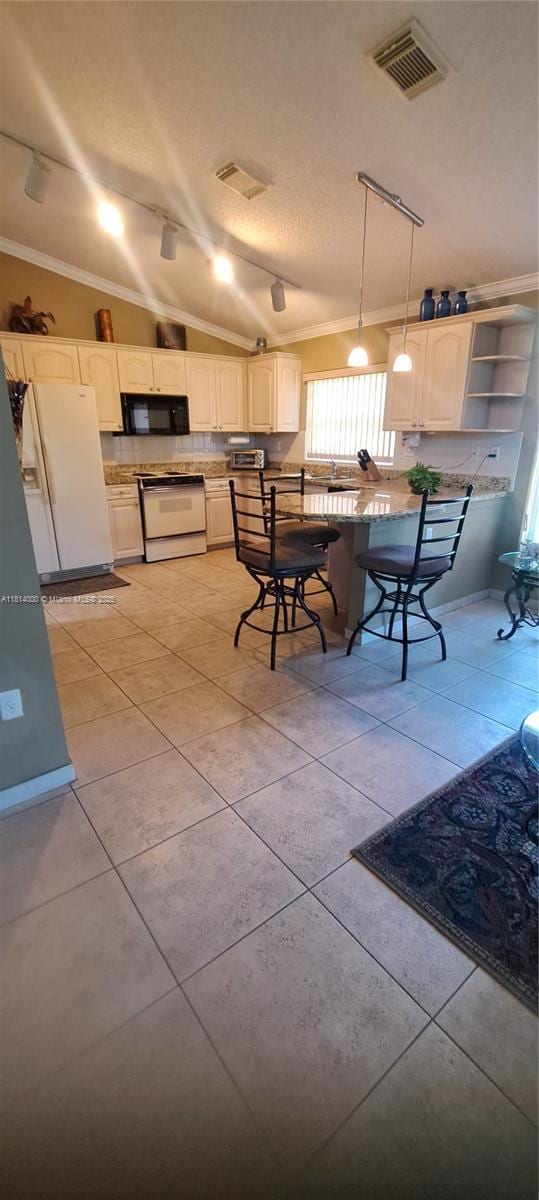 520 NW 166th Ave, Pembroke Pines, FL 33028 - kitchen with white stove, ornamental molding, black microwave, track lighting, and hanging light fixtures