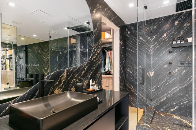 90 SW 3rd St Ph-14, Miami, FL 33130 - full bath with a marble finish shower, vanity, and tile walls