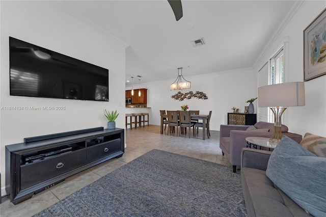 12441 Emerald Creek Mnr, Plantation, FL 33325 - living room with a chandelier, ornamental molding, and light tile patterned floors