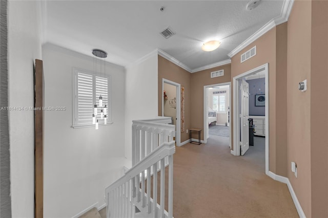 12441 Emerald Creek Mnr, Plantation, FL 33325 - hall featuring an upstairs landing, light colored carpet, baseboards, and ornamental molding