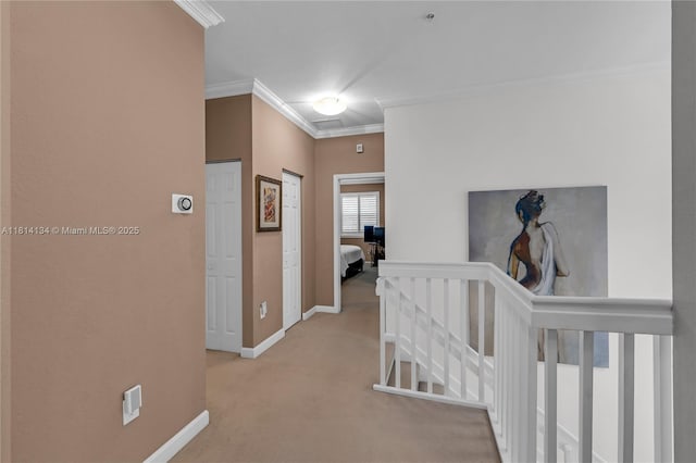 12441 Emerald Creek Mnr, Plantation, FL 33325 - hall with an upstairs landing, baseboards, light carpet, and crown molding