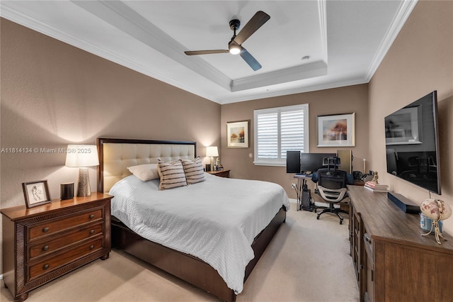 12441 Emerald Creek Mnr, Plantation, FL 33325 - bedroom with light carpet, a raised ceiling, an office area, crown molding, and a ceiling fan