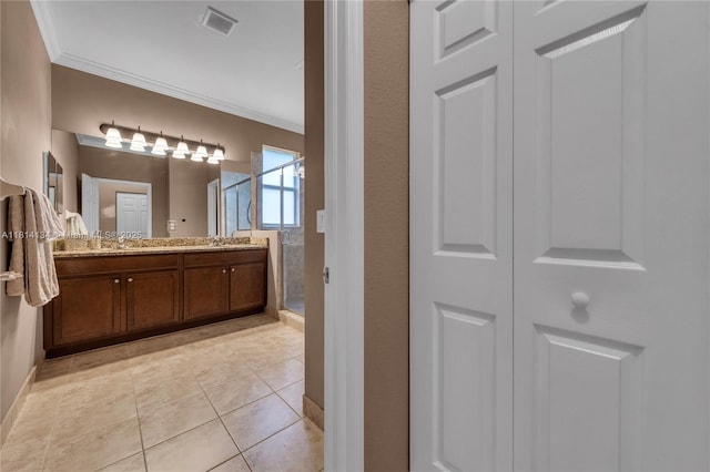 12441 Emerald Creek Mnr, Plantation, FL 33325 - full bathroom with a closet, crown molding, double vanity, a shower stall, and tile patterned floors