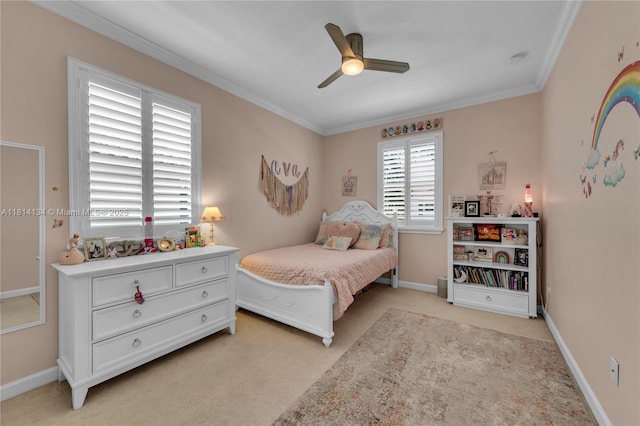 12441 Emerald Creek Mnr, Plantation, FL 33325 - bedroom with ornamental molding, light carpet, baseboards, and a ceiling fan