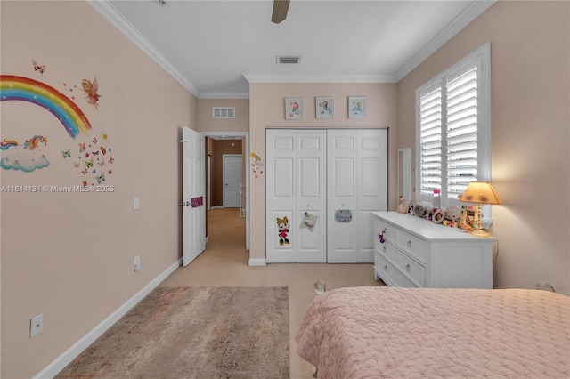 12441 Emerald Creek Mnr, Plantation, FL 33325 - bedroom with ornamental molding, baseboards, light carpet, a closet, and ceiling fan
