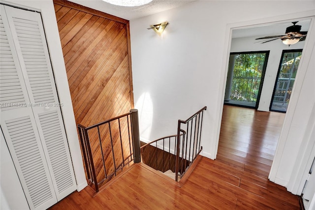 2591 Trapp Ave Unit 4, Miami, FL 33133 - stairs featuring wood finished floors, wood walls, baseboards, and ceiling fan