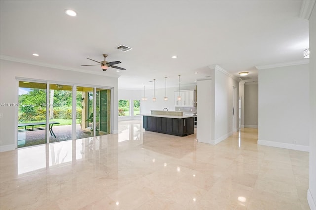 720 Cypress Pointe Dr W, Pembroke Pines, FL 33027 - unfurnished living room featuring crown molding, light marble finish flooring, ceiling fan, recessed lighting, and baseboards