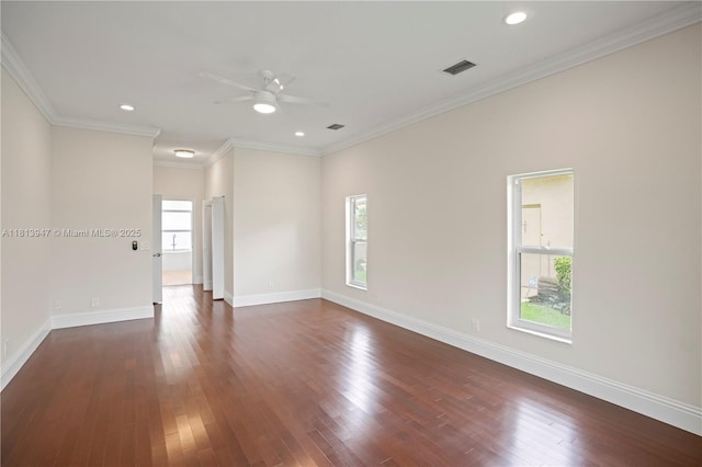 720 Cypress Pointe Dr W, Pembroke Pines, FL 33027 - spare room with a ceiling fan, dark wood-type flooring, baseboards, recessed lighting, and ornamental molding