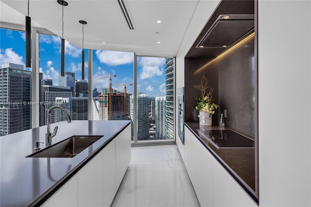 300 Biscayne Blvd Way Unit 4007, Miami, FL 33130 - kitchen featuring a sink, a view of city, black electric stovetop, white cabinetry, and dark countertops