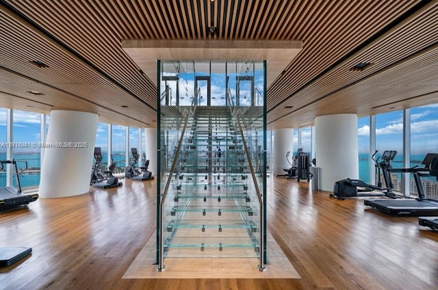 300 Biscayne Blvd Way Unit 4007, Miami, FL 33130 - workout area featuring a wall of windows, wood finished floors, and plenty of natural light