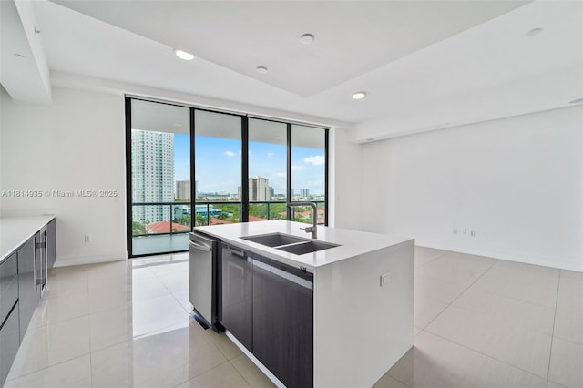 3250 NE 188th St Unit Lph07, Aventura, FL 33180 - kitchen featuring a sink, modern cabinets, light countertops, a view of city, and expansive windows