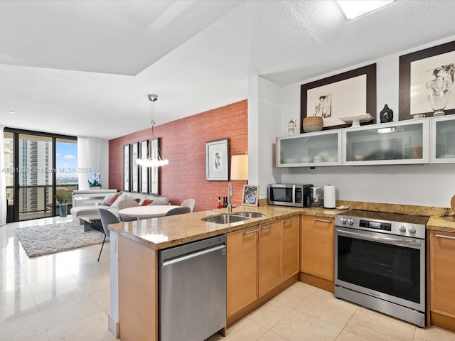 16275 Collins Ave Unit 2103, Sunny Isles Beach, FL 33160 - kitchen with stainless steel appliances, a sink, a peninsula, glass insert cabinets, and an accent wall