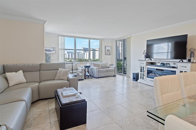 3015 N Ocean Blvd Unit 7D, Fort Lauderdale, FL 33308 - living area featuring ornamental molding, healthy amount of natural light, expansive windows, and light tile patterned flooring