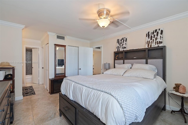 3015 N Ocean Blvd Unit 7D, Fort Lauderdale, FL 33308 - bedroom with crown molding, baseboards, and ceiling fan