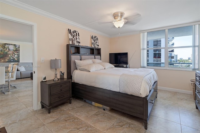 3015 N Ocean Blvd Unit 7D, Fort Lauderdale, FL 33308 - bedroom featuring ornamental molding, baseboards, light tile patterned floors, and a ceiling fan