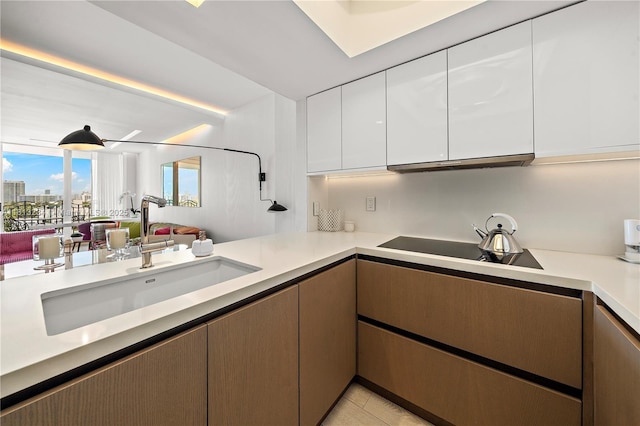 1500 Ocean Dr Unit 910, Miami Beach, FL 33139 - kitchen with light countertops, a sink, white cabinets, under cabinet range hood, and black electric stovetop