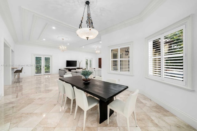 9500 SW 62nd Ct, Pinecrest, FL 33156 - dining space featuring ornamental molding, plenty of natural light, recessed lighting, light marble finish floors, and coffered ceiling
