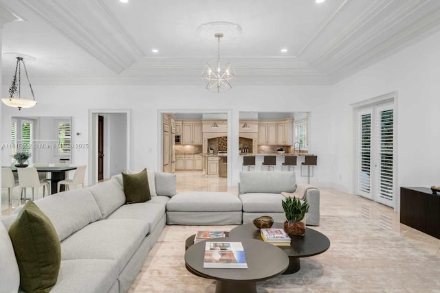 9500 SW 62nd Ct, Pinecrest, FL 33156 - living area with ornamental molding, recessed lighting, and a chandelier