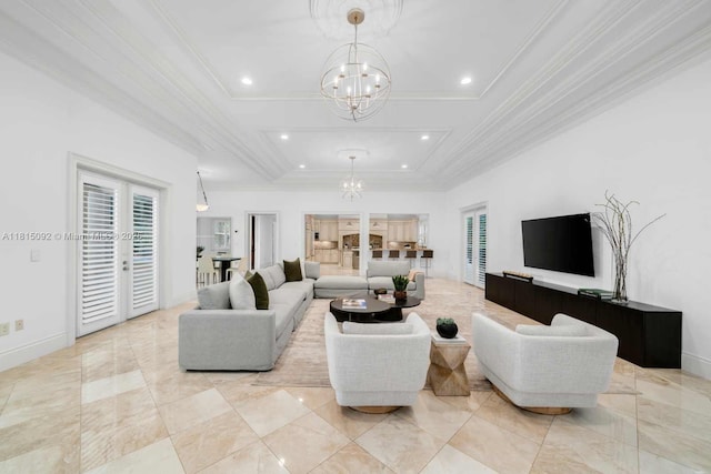 9500 SW 62nd Ct, Pinecrest, FL 33156 - living area with a chandelier, ornamental molding, a raised ceiling, baseboards, and french doors