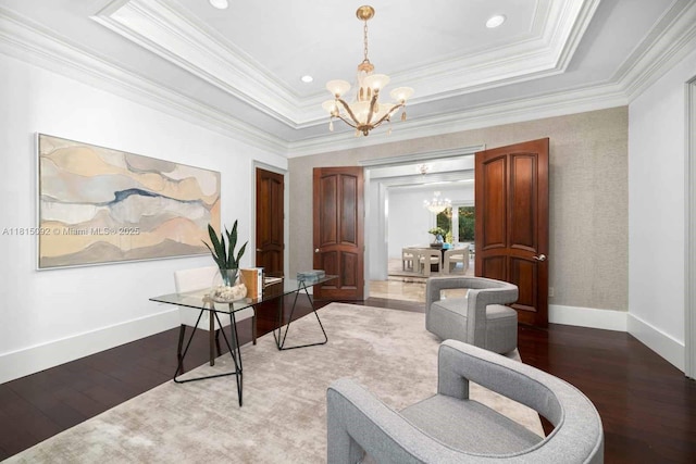 9500 SW 62nd Ct, Pinecrest, FL 33156 - office space featuring a chandelier, hardwood / wood-style flooring, ornamental molding, a tray ceiling, and baseboards