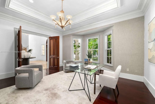 9500 SW 62nd Ct, Pinecrest, FL 33156 - office featuring ornamental molding, wood finished floors, a chandelier, and a raised ceiling