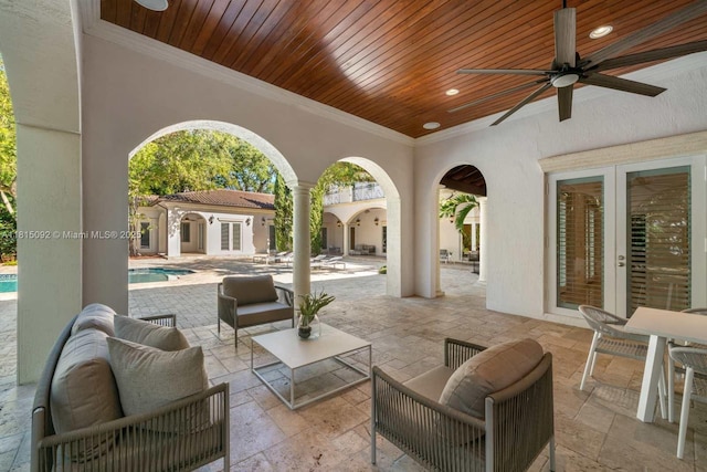 9500 SW 62nd Ct, Pinecrest, FL 33156 - view of patio with french doors, an outdoor pool, a ceiling fan, and an outdoor hangout area